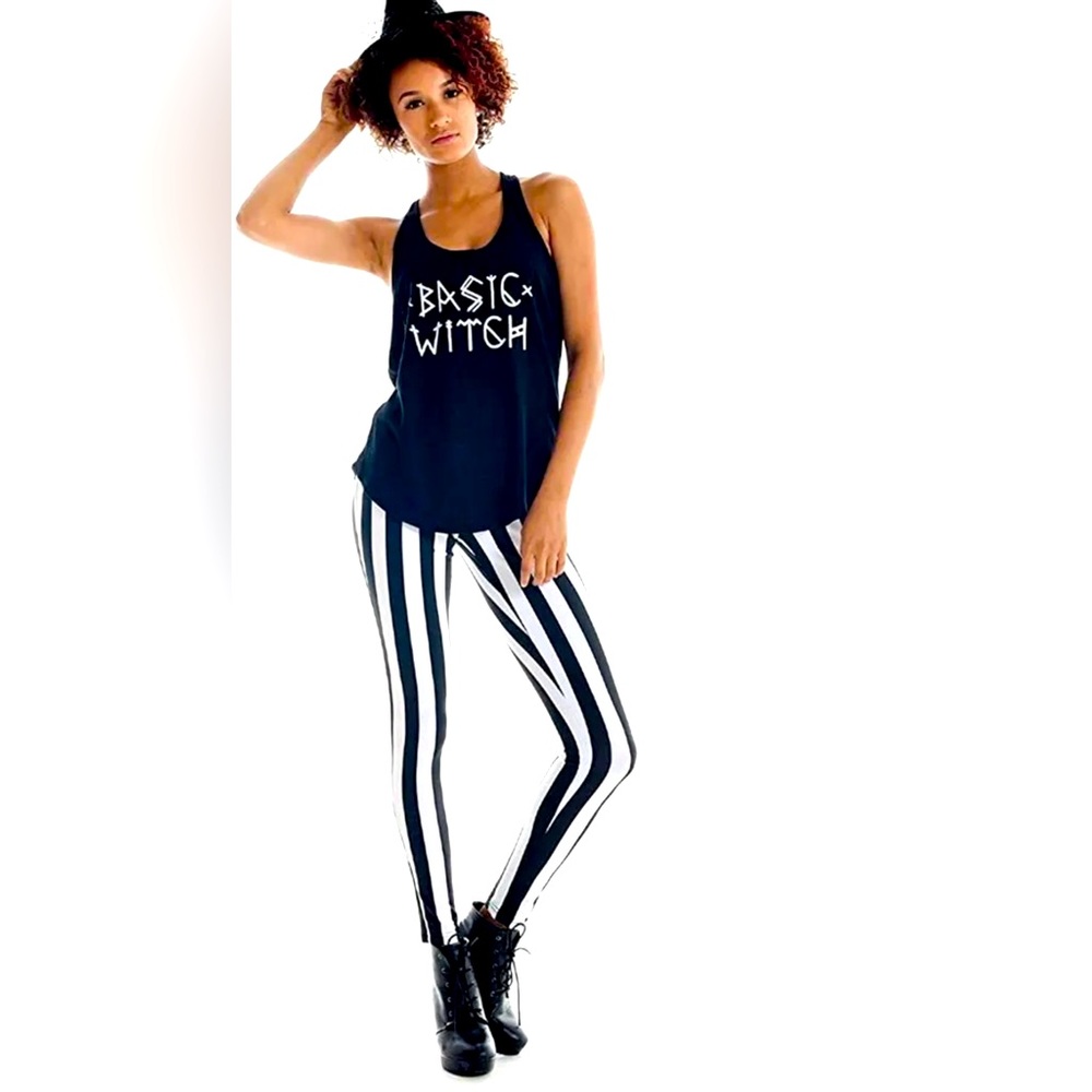 Tipsy Elves Black & White Striped High Waisted Womens New Leggings Beetle Juice